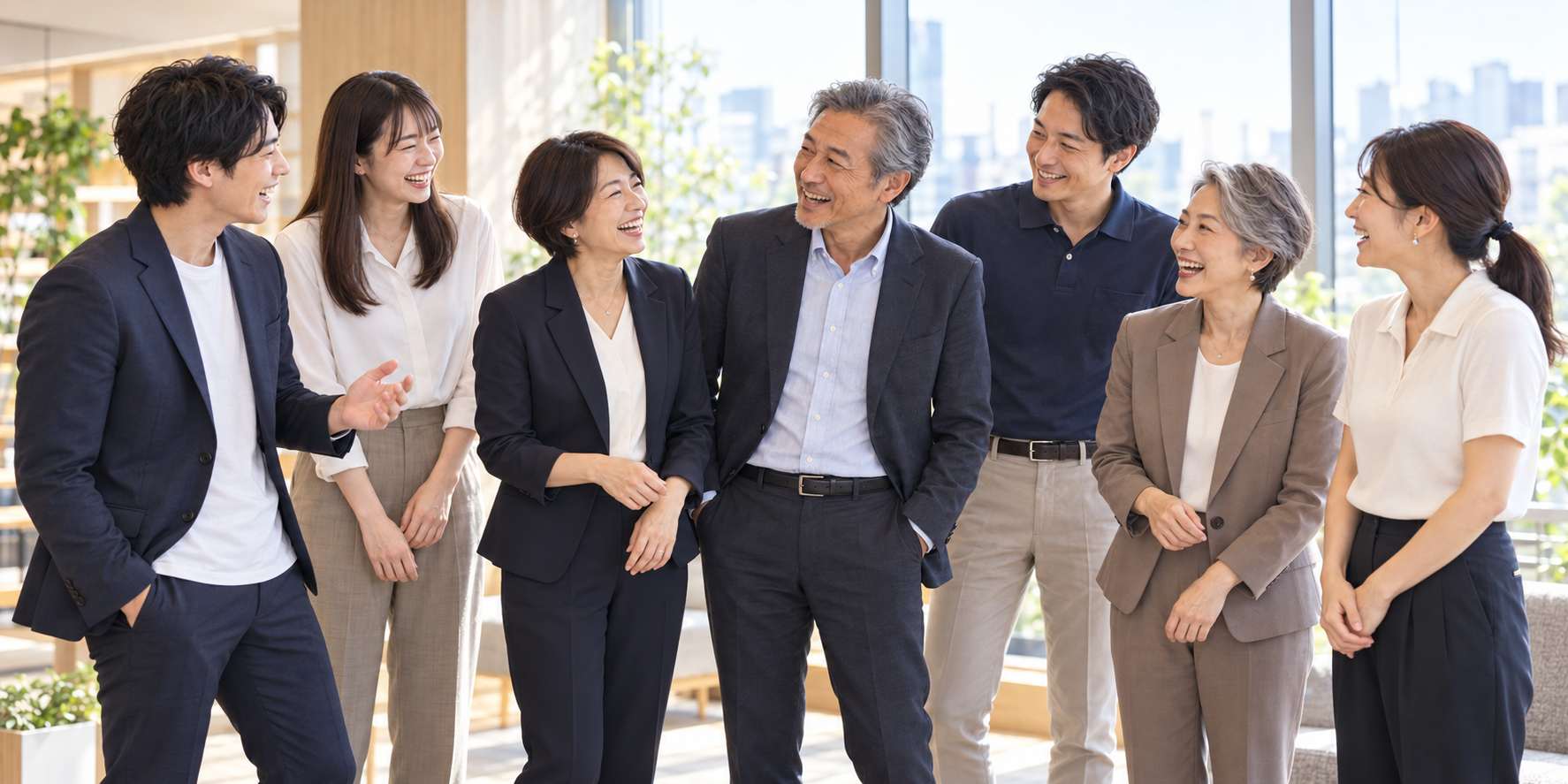 世代の異なる7人が立って笑い合う、交流を表現したAI生成イメージ